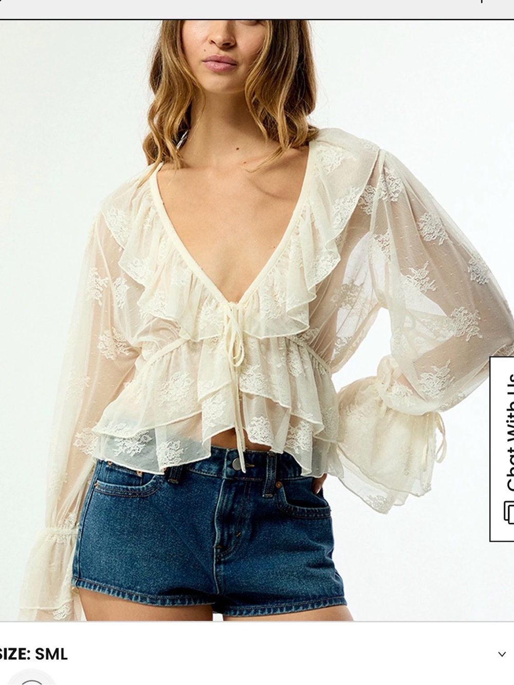 Steve Madden Cream Sheer Ruffle Tie-Front Blouse
